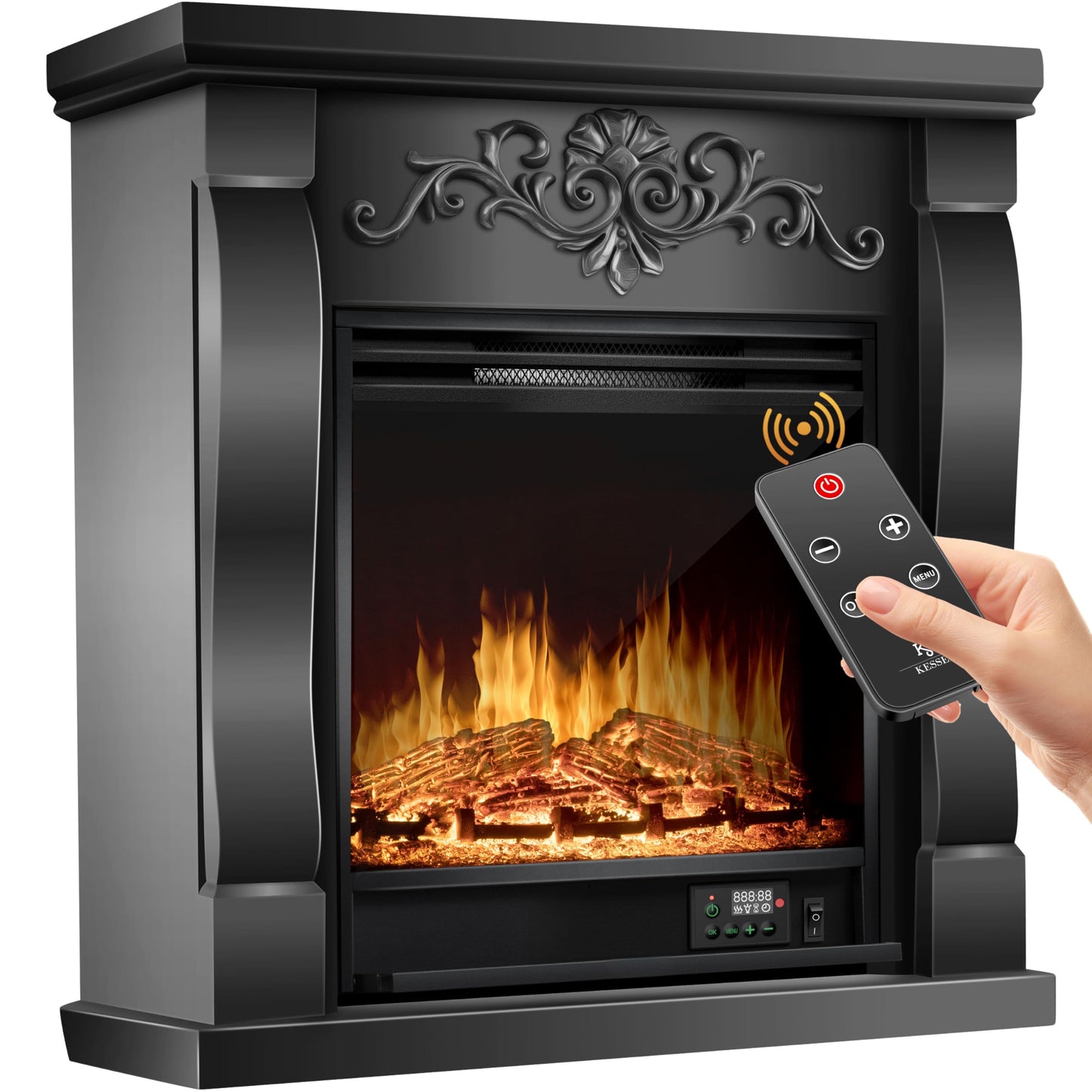KESSER® Electric Fireplace with LED 3D Flame Effect, Heating Function, 1,800 W Power, Timer, Thermostat, Remote Control, Dimmable, Natural/Brown