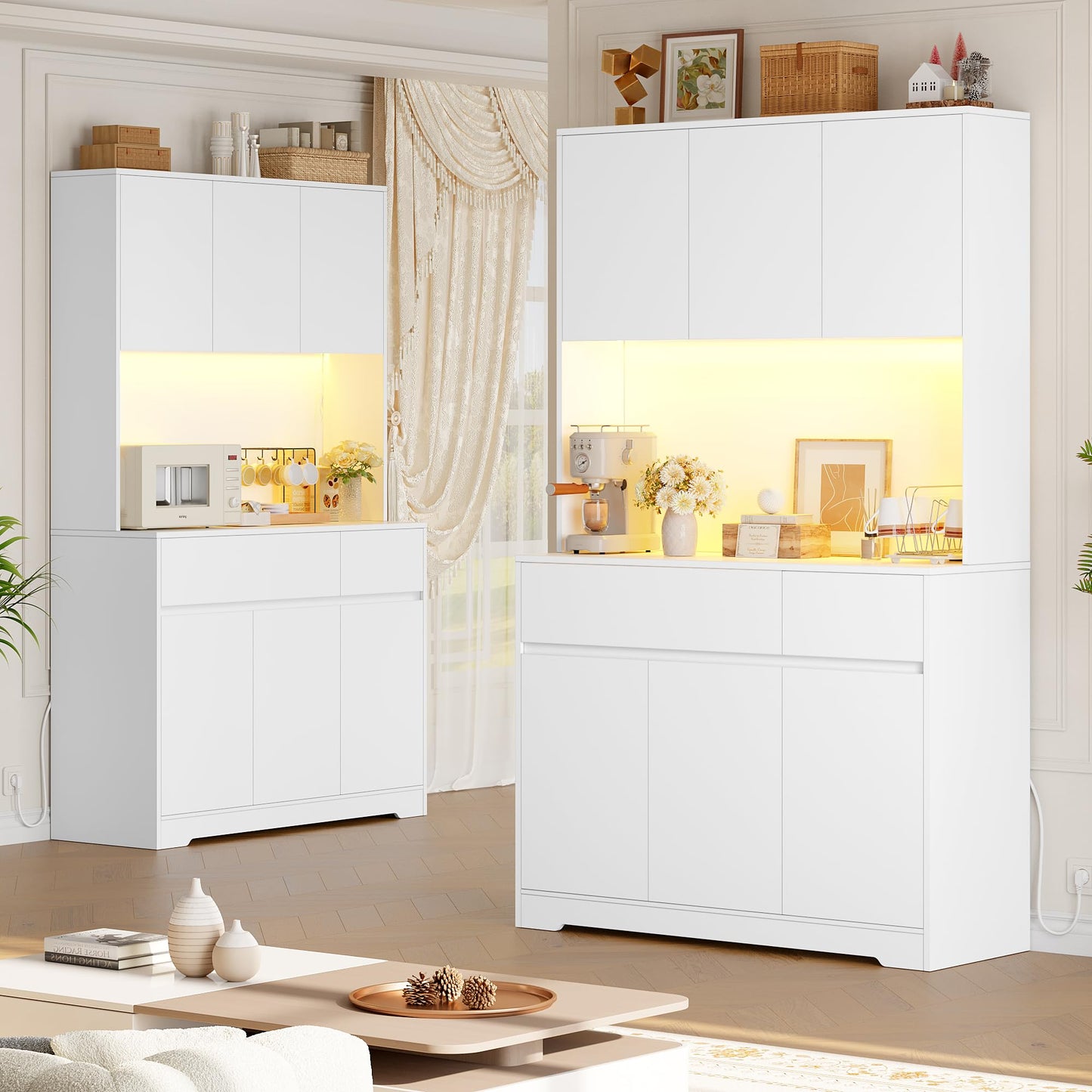 FirFurd 180 cm Kitchen Cabinet with Worktop and LED, Buffet Cabinet, Tall Cabinet with Power Strip and Adjustable Shelves, Sideboard for Kitchen, Living Room, Dining Room, 100 x 38.5 x 180 cm, White