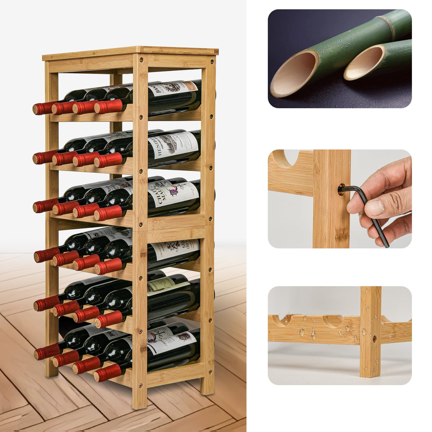 VASMIA Bamboo Wine Rack for 24 Bottles, Bottle Rack with 6 Levels for Cellar, Kitchen, Bar, Dining Room, Bottle Holder Wood with Table Top 41 x 24 x 81 cm, Natural