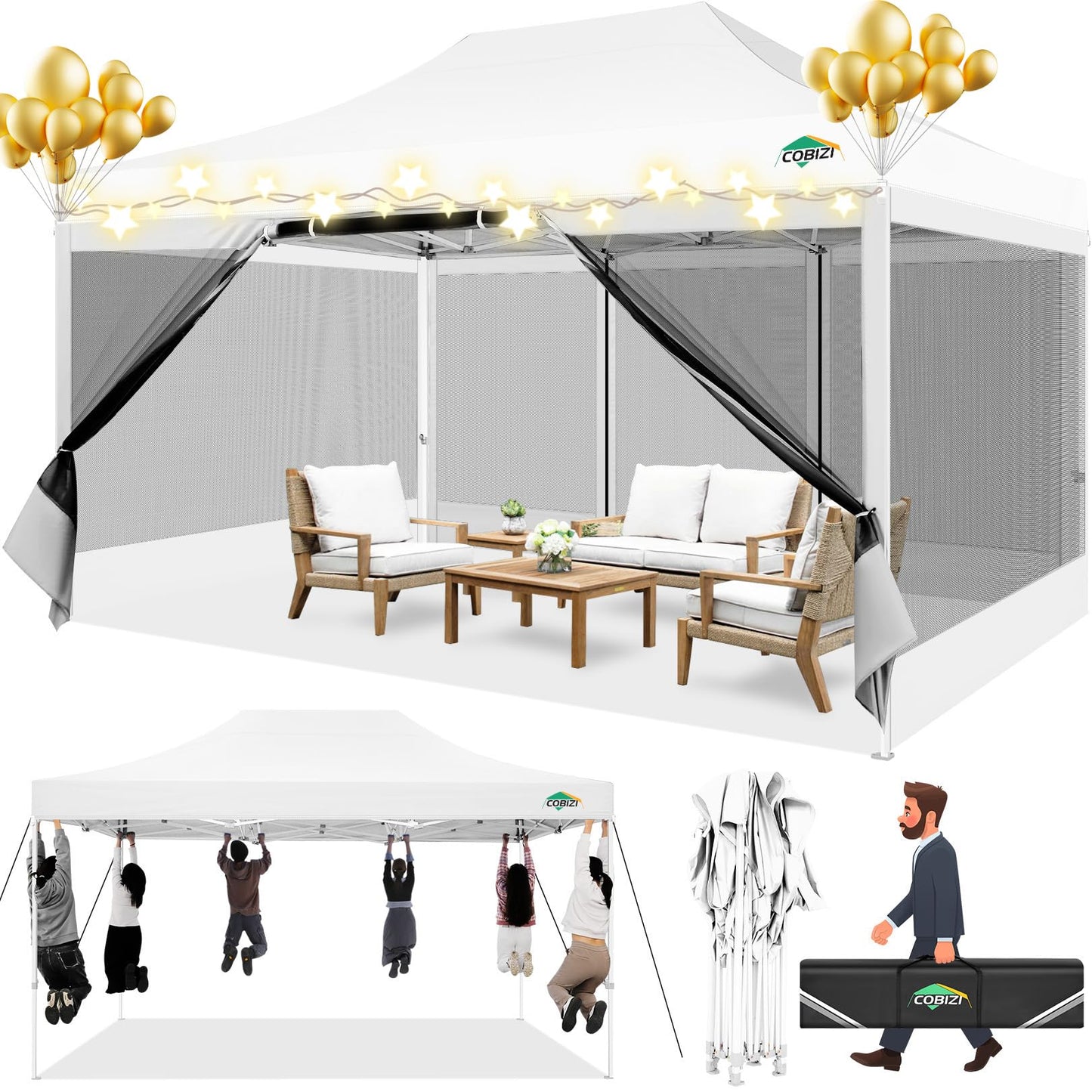 COBIZI Pavillon 3x3 Faltpavillon 3x3 Wasserdicht Stabil, Partyzelt Gartenpavillon UV-Schutz mit 4 Seitenwänden aus Mesh, Schwarz