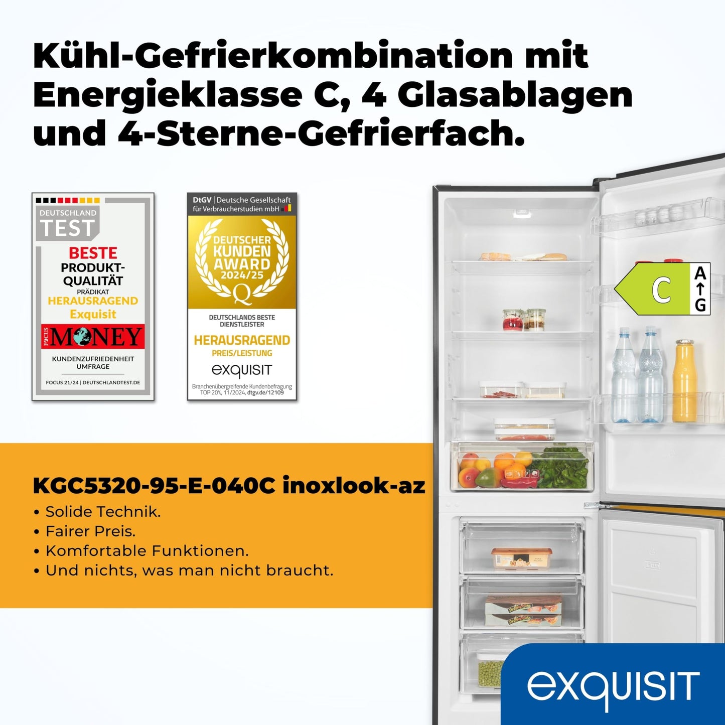 Exquisit Kühl-Gefrierkombination, 186 cm Höhe, Kühlschrank mit Gefrierfach, 4-Sterne-Gefrieren, 315 Liter, Alarm-Funktion, KGC5320-95-E-040C inoxlook-az