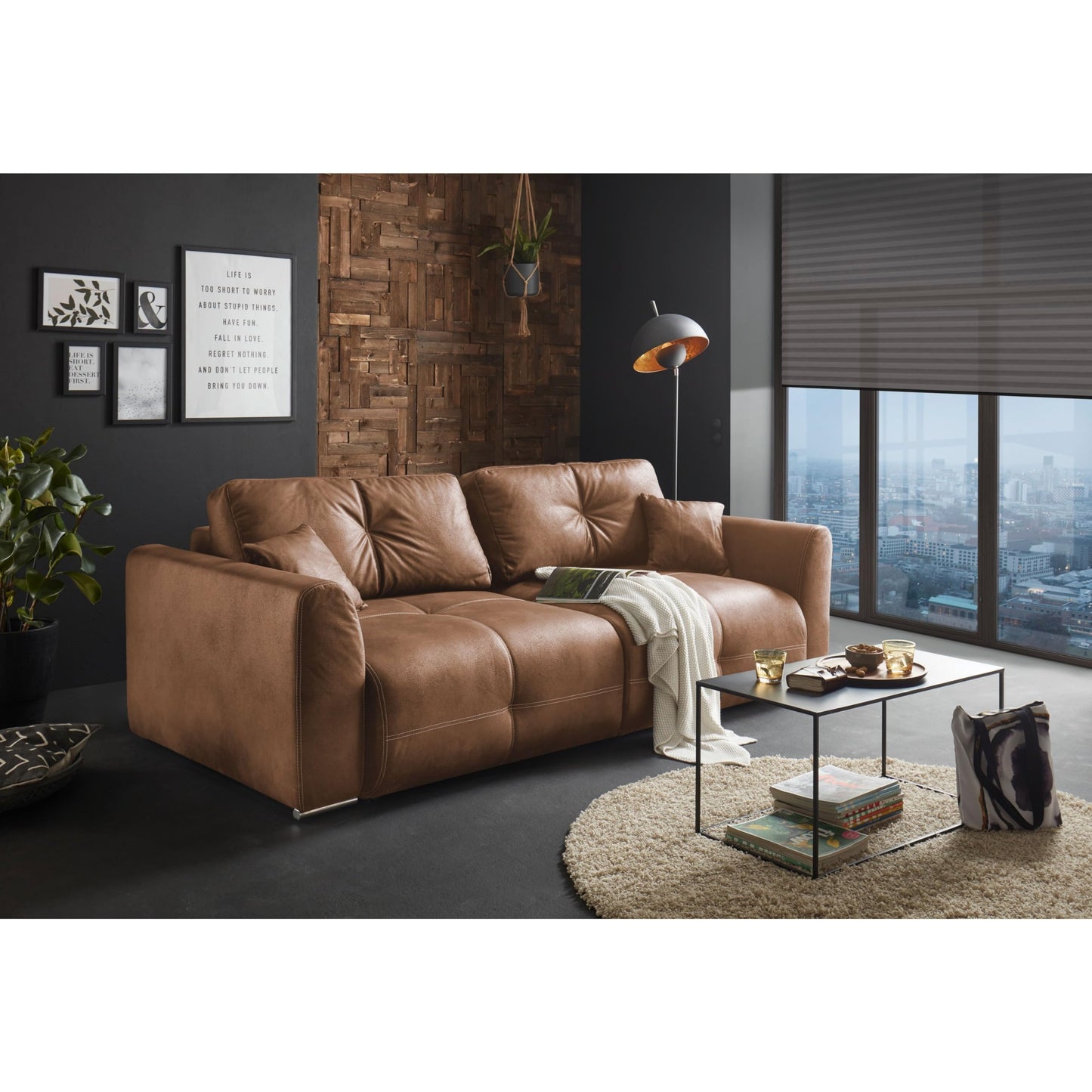 Dolan Comfortable Sofa Bed in Leather Look with Bed Box, Light Brown, Extendable Sofa with Sleep Function, 245 x 85 x 115 cm (W x H x D)