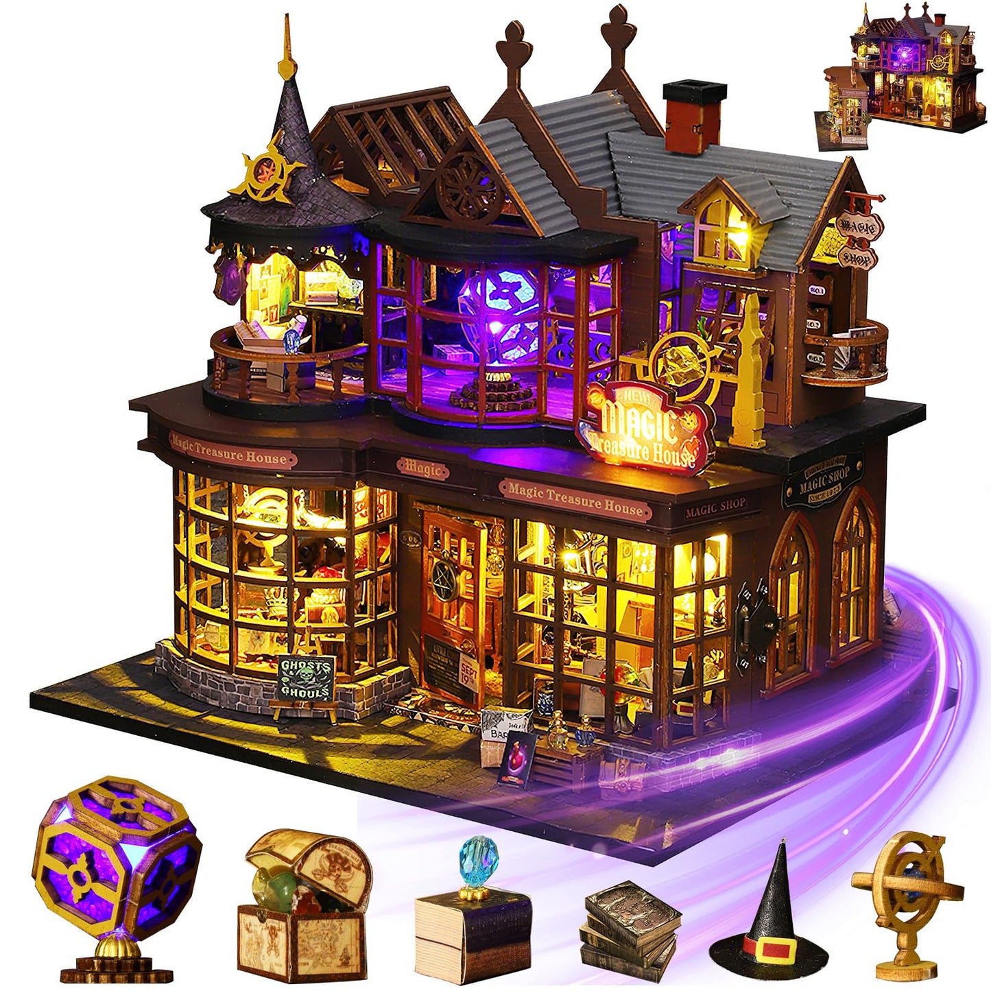 Mostop DIY Miniature Dollhouse Kit,Wooden Dollhouse Construction Kit,Miniature House Kit with LED Light und Bewegungen,Creative Room Idea for Children/Adults,Magic House,DIY Kits (Twilight Book City)