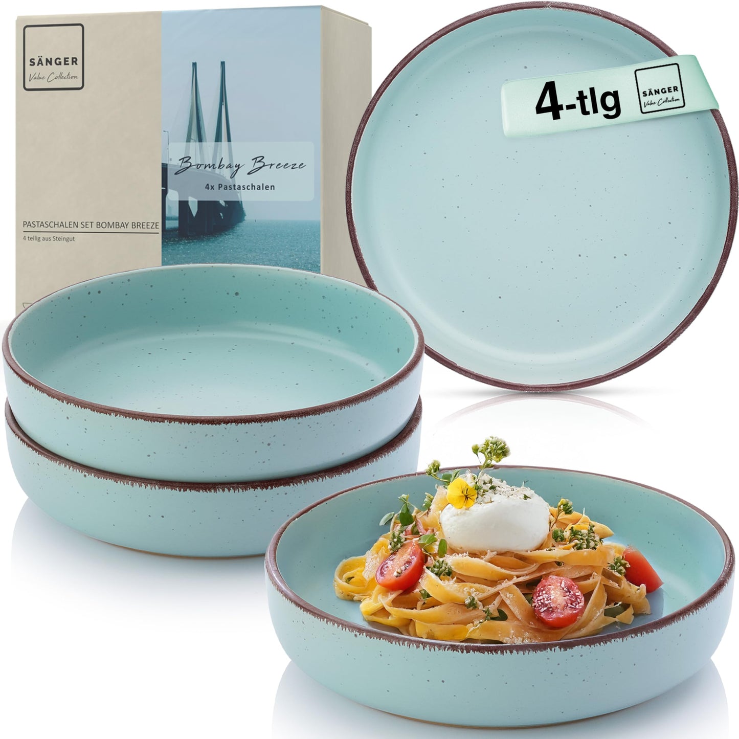 SÄNGER Bombay Seabed Crockery Service 20 Pieces, Stoneware Crockery for 4 People, 4 x Dinner Plates, 4 x Dessert Plates, 4 x Bowls, 4 x Pasta Plates, 4 x Coffee Mugs, Plate Set Colourful Value
