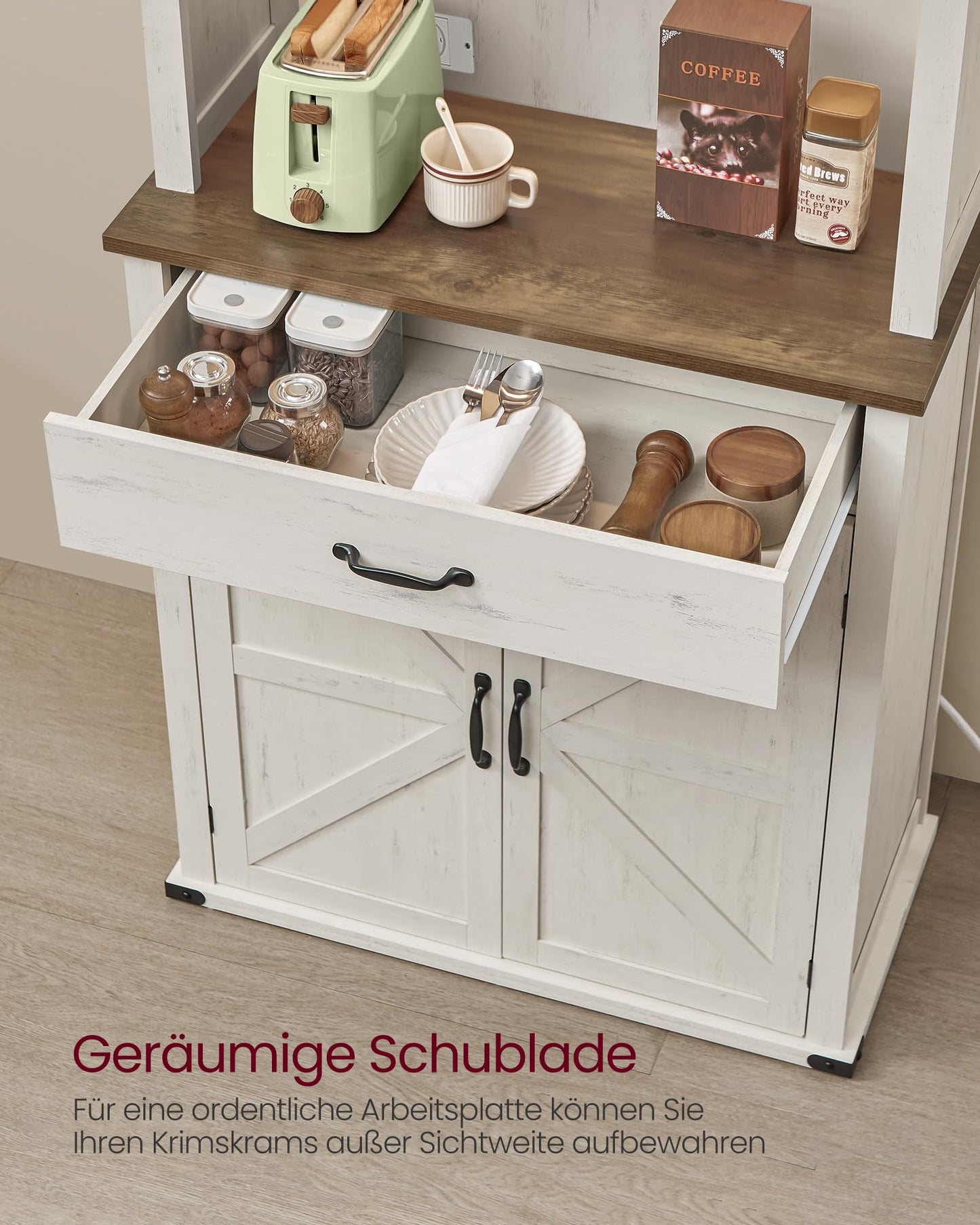 VASAGLE Sideboard with Lighting and Charging Station Kitchen Cabinet Storage Cabinet with Doors and Drawers 39.5 x 106.5 x 180.6 cm Adjustable Shelves Country Style Vintage White BBK391W02