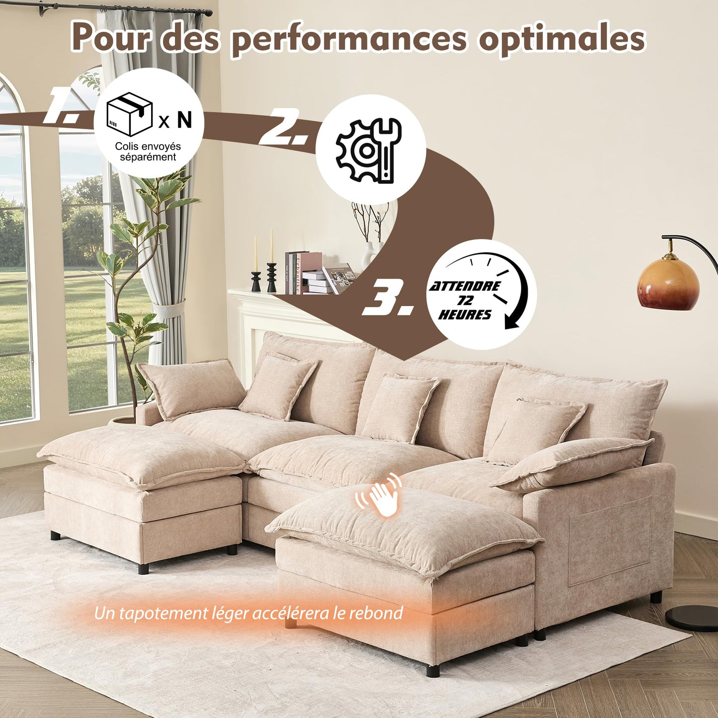 Litbird U-förmiges modulares Sofa 3-Sitzer Ecksofa mit Hocker, tiefes Sitzdesign, Cloud Couch für Wohnzimmer(Hellbraun)