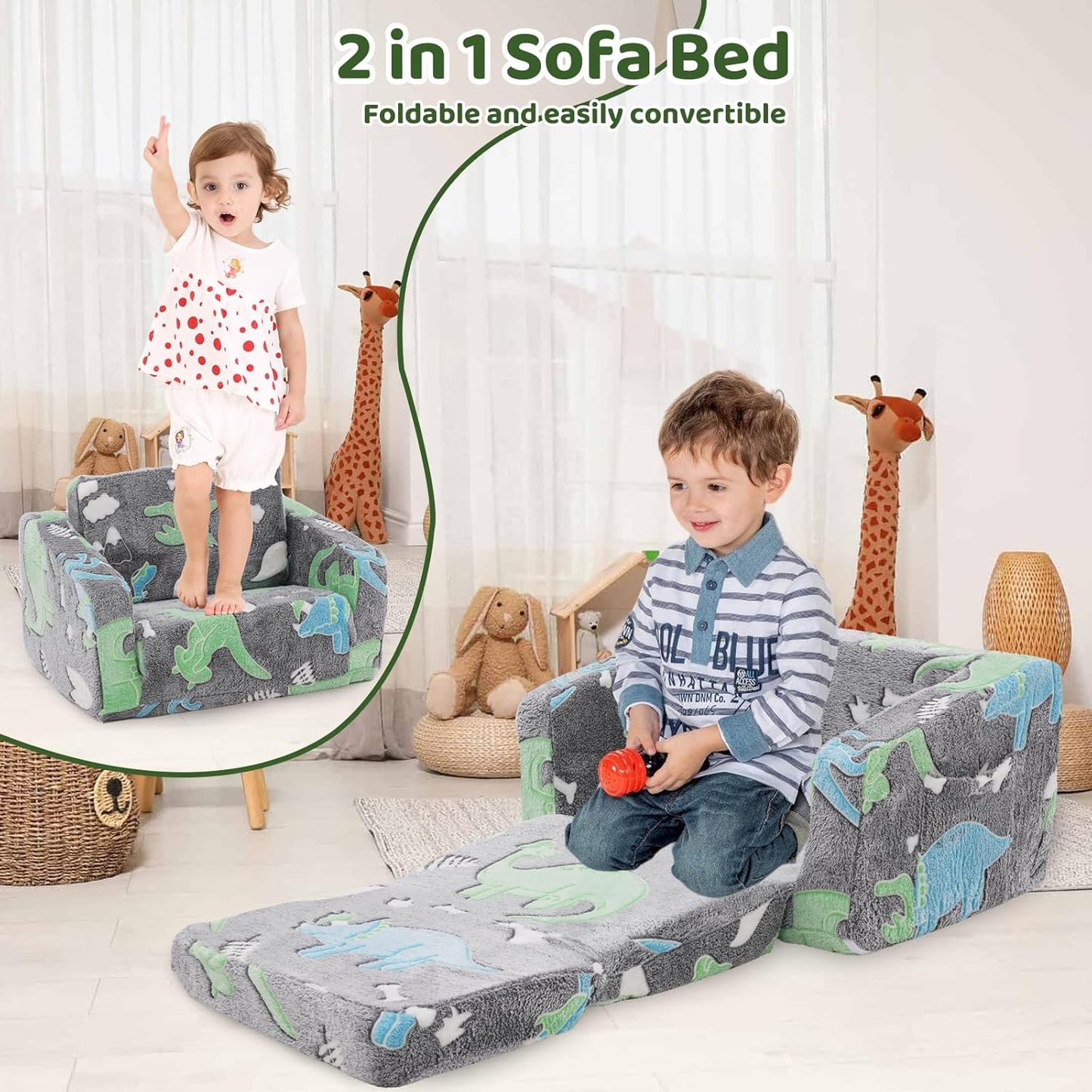 Children's Sofa, 2-in-1 Children's Sofa Fold-Out Sofa Bed, Removable and Washable, Mini Play Sofa for Boys and Girls Children's Room, Dinosaur Pattern