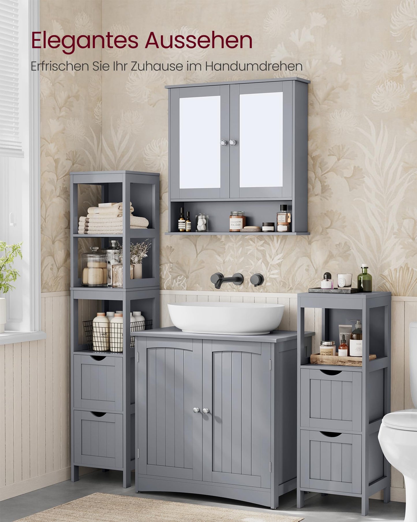 VASAGLE BBC410P31 Vanity Unit Extra Long 30 x 90 x 60 cm 2 Doors Bathroom Cabinet Open Compartments Height Adjustable Shelves White