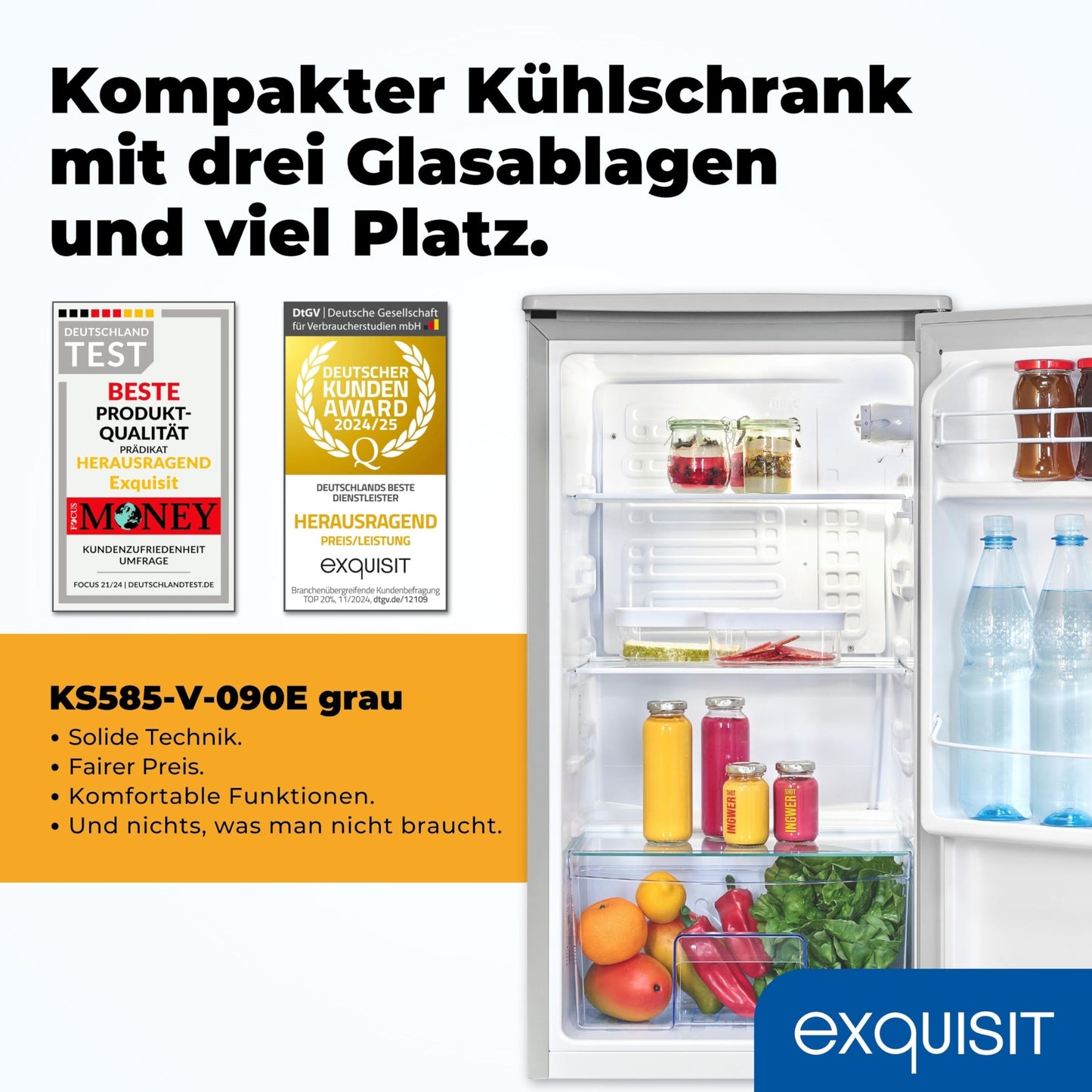 Exquisit KS585-V-091E Full-Room Refrigerator, 75 Litres, Freestanding, Small and Compact, 45 cm Wide, LED Interior Lighting