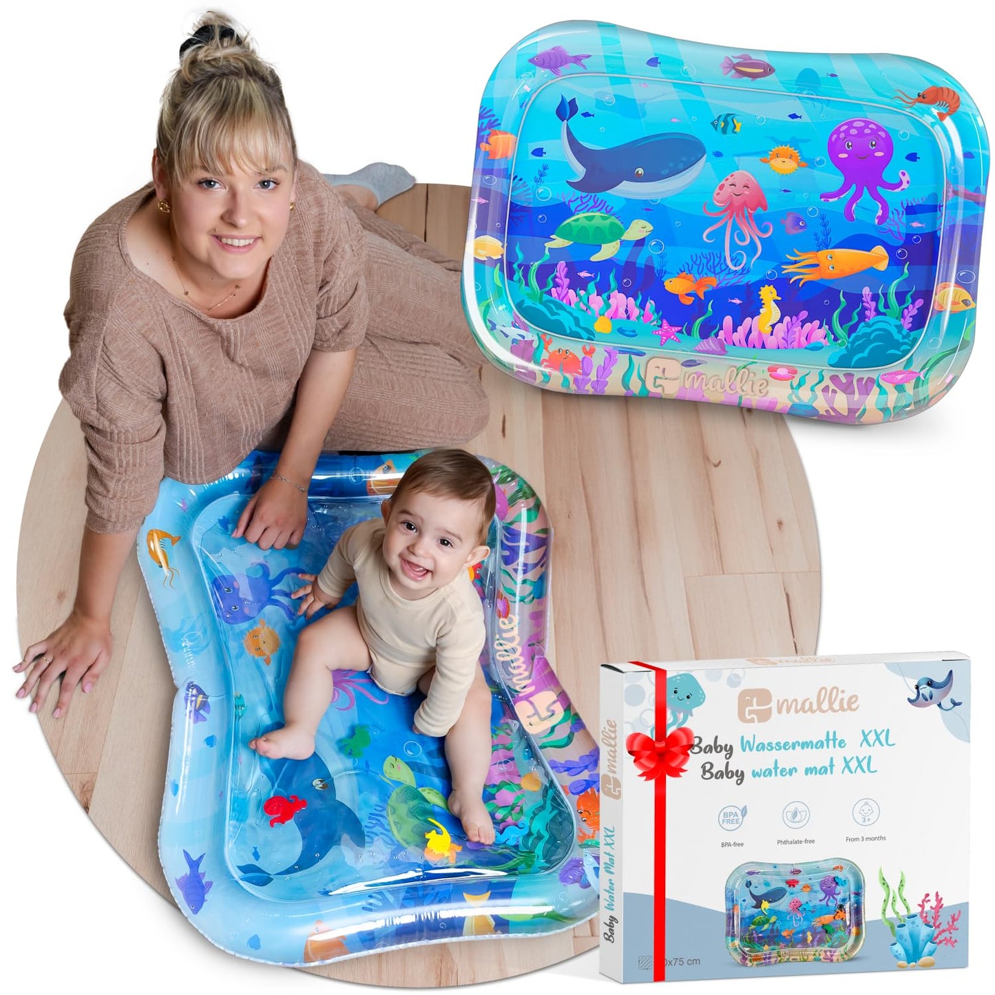 Mallie® Wassermatte Baby 66x50 CM [100% BPA & Schadstoff-Frei] ab 3, 6 und 9 Monate im Ozean Blau Design I Baby Spielzeug, Spielzeug Ab 6 Monate als Wassermatte Baby und Baby Spielzeug 6 Monate