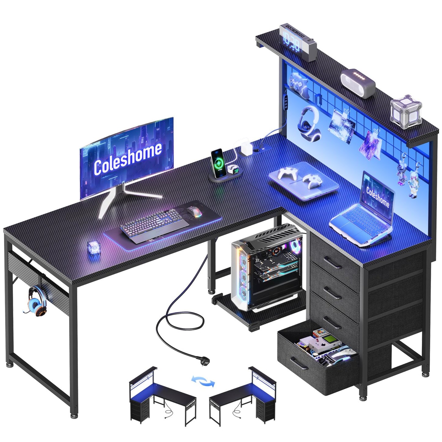 Coleshome Gaming Table with LED, 110 × 80 cm, Reversible Gaming Desk with Drawers & Sockets, Corner Desk with Storage Compartment & Storage Space, Black