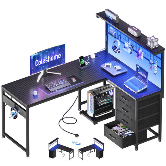 Coleshome Gaming Table with LED, 110 × 80 cm, Reversible Gaming Desk with Drawers & Sockets, Corner Desk with Storage Compartment & Storage Space, Black