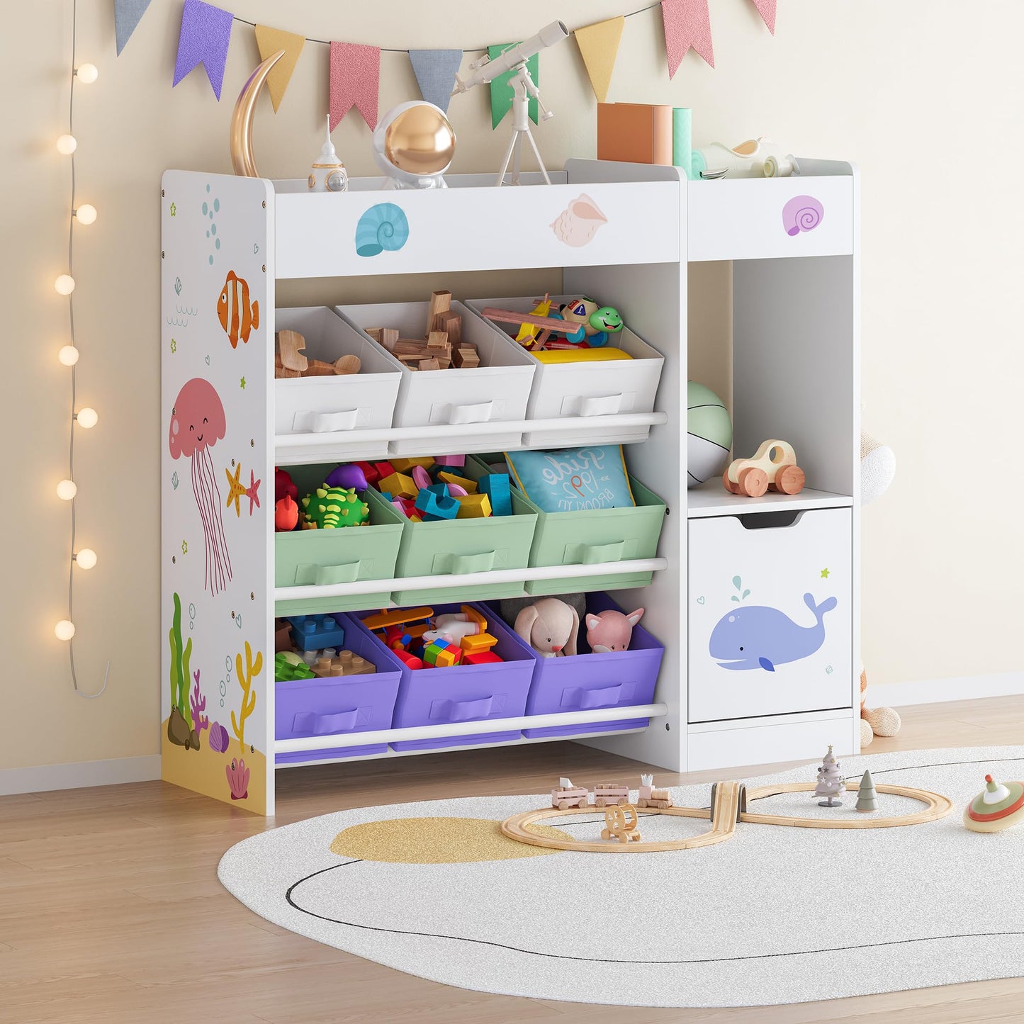 [en.casa] Kinderregal Søndreland Bücherregal für Kinder mit 9 Aufbewahrungsboxen Spielzeugregal mit Schrank 80 x 90 x 30 cm Spielzeug Aufbewahrung Ozean Motiv