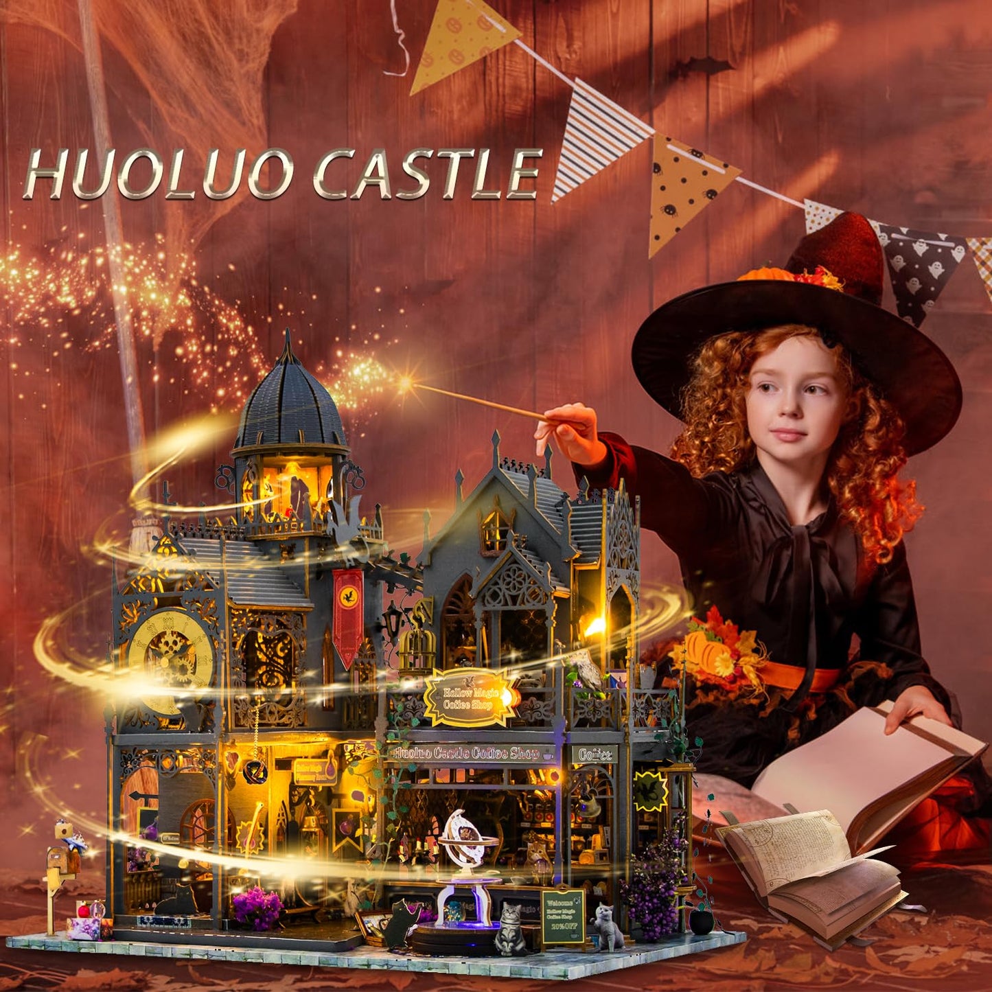 Mostop DIY Miniature Dollhouse Kit,Wooden Dollhouse Construction Kit,Miniature House Kit with LED Light und Bewegungen,Creative Room Idea for Children/Adults,Magic House,DIY Kits (Twilight Book City)