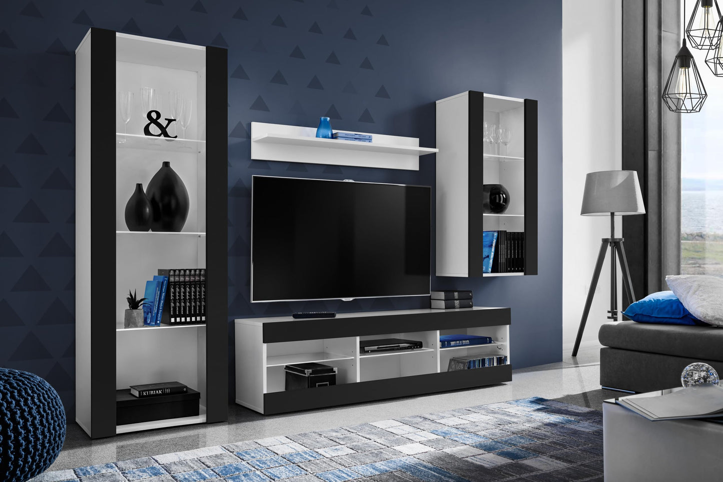 Komodee Tivoli Medio Wall Unit Living Room Set, Black/Black, Width 245 cm x Height 159 cm x Depth 35 cm, LED Blue, for Living Room, Bedroom