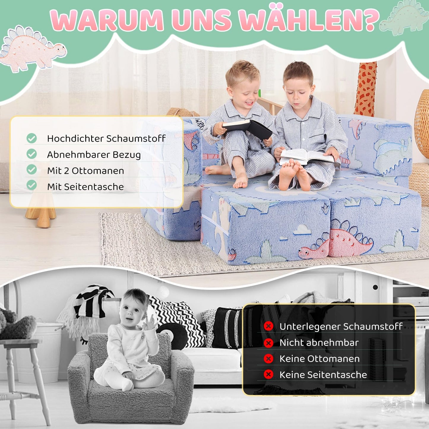 Children's Sofa Fold-Out 2-in-1 Toddler Sofa Bed, Children's Chair with Sleep Function, Mini Couch for Cuddly Corner Children's Room, Fancy Play Sofa for Girls and Boys, Glow in the Dark (Purple)