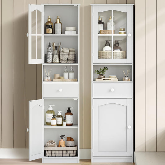 Hzuaneri SC10003X Bathroom Cabinet with Glass Door, High Storage Cabinet with 2 Doors and 1 Drawer, Adjustable Shelves, Bathroom, Living Room, 40 x 30 x 170 cm, White