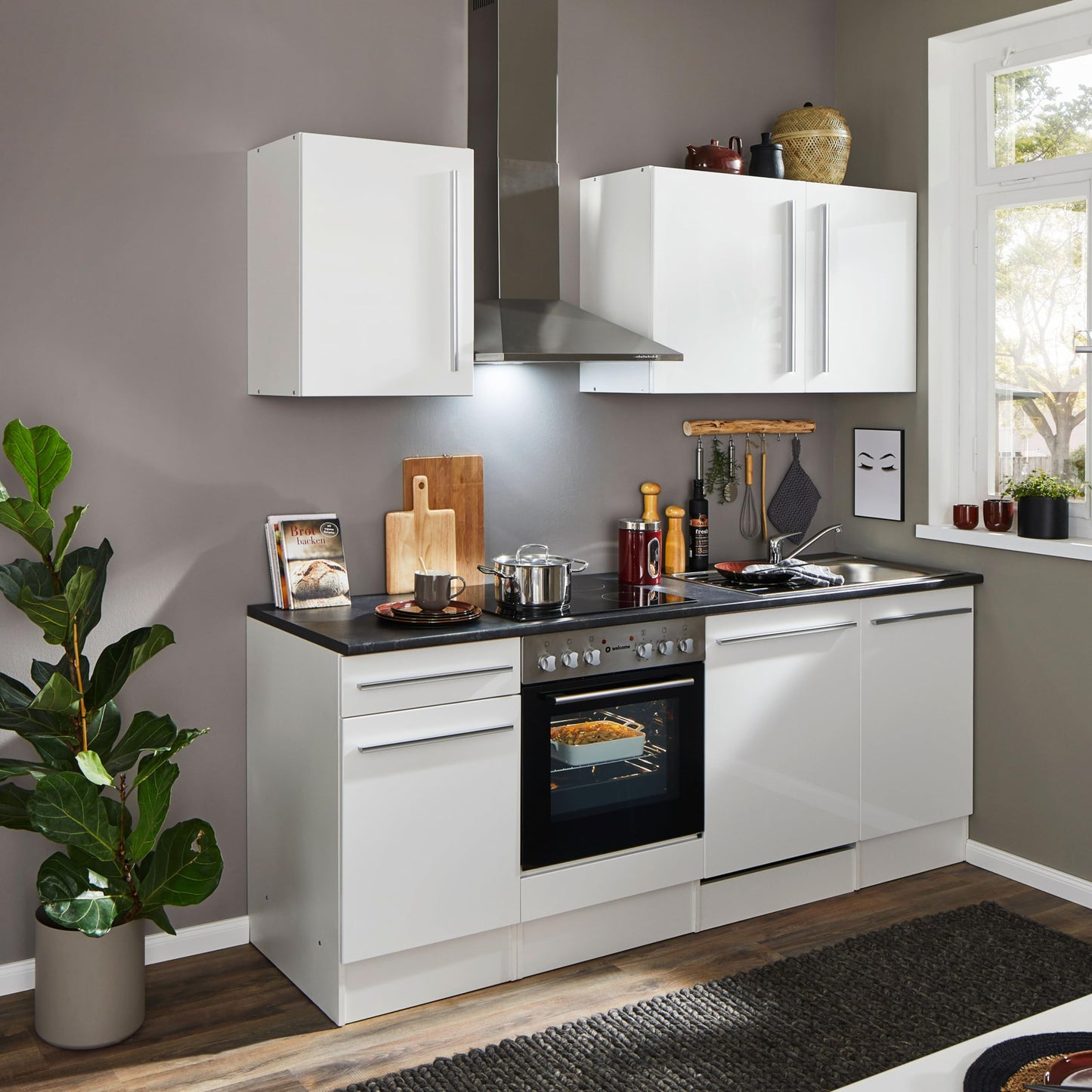Jazz 8 Modern Kitchen Unit without Electrical Appliances in Anthracite, Artisan Oak Look, Spacious Fitted Kitchen with Lots of Storage Space, 220 x 211 x 60 cm (W x H x D)