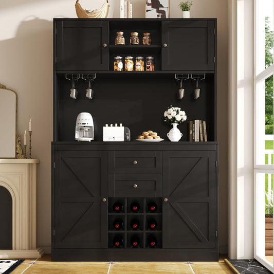 Merax Kitchen Cabinet with Worktop, Sideboard 120 Wide, Buffet Cabinet with Adjustable Shelves & Wine Rack, Tall Cabinet Kitchen Buffet with 4 Doors and 2 Drawers, Black, 120 x 40 x 188 cm