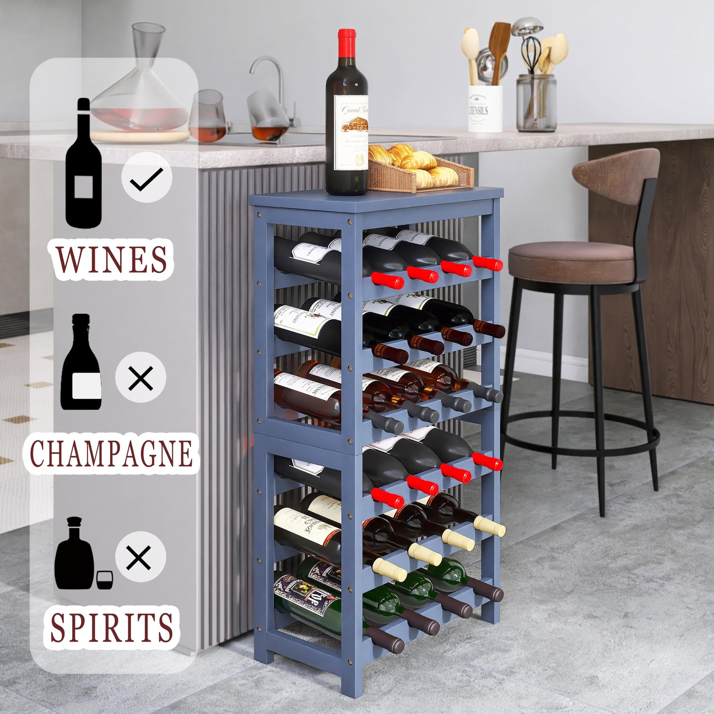 24 Bottle Wine Rack Freestanding Base, 6 Tier Wine Display Storage Shelves with Table Top, Bamboo Wine Bottle Holder Stand with Wave Bars for Kitchen, Dining Room, Pantry, Black