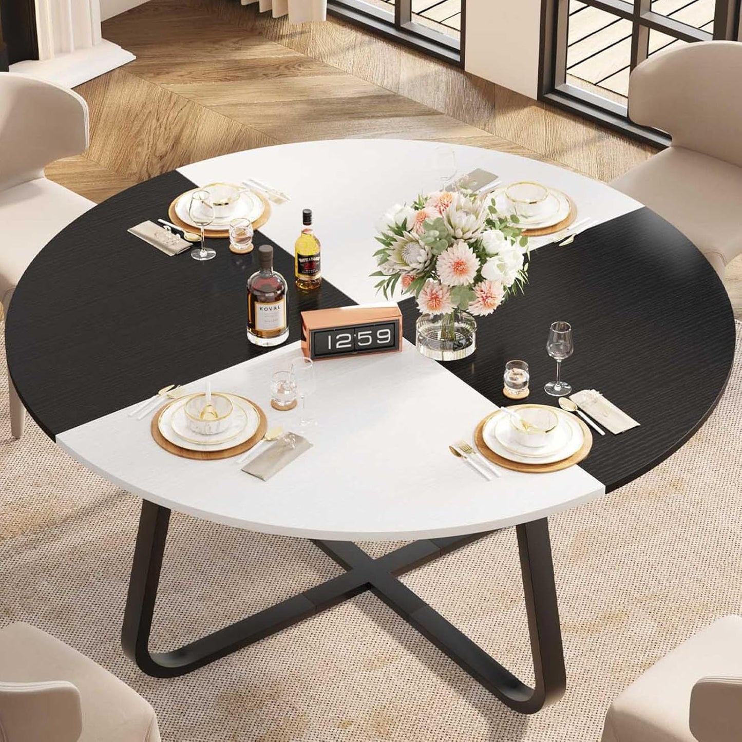 LVB White Round Faux Marble Round Dining Table Kitchen Table for 4-6 People Mid-Century Pedestal Dining Table Side Table Coffee Table Office Living Room White Marble 130cm