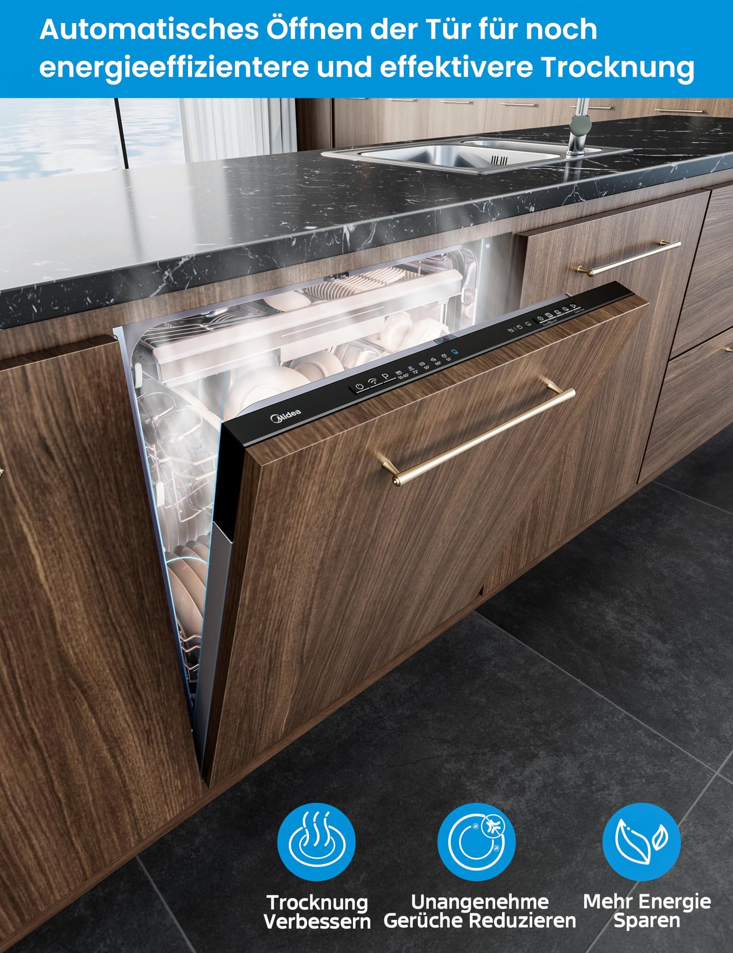 Midea SU 5.35X14CS Dishwasher Base, 14 MGD, Dishwasher 60 cm, Home Connect, Hygiene Care+, Machine Care +, Extra Drying, Half Load, 44 db, Start Delay, Stainless Steel