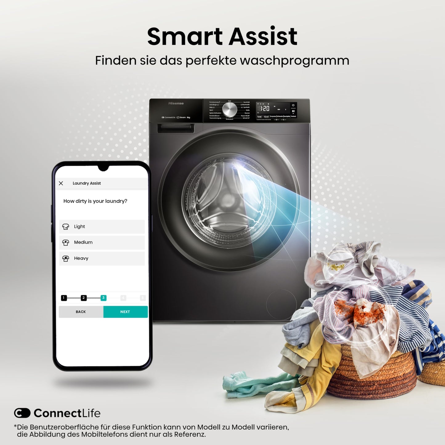 Hisense WF3S1043BW3 Washing Machine with Steam Function, 10.5 kg, 1400 rpm, 19 Programmes, WiFi, ConnectLife, Power JetWash, Aqua Stop, Auto Wash, Quick Wash, Steam Refresh, Energy EEK A-20 Percent