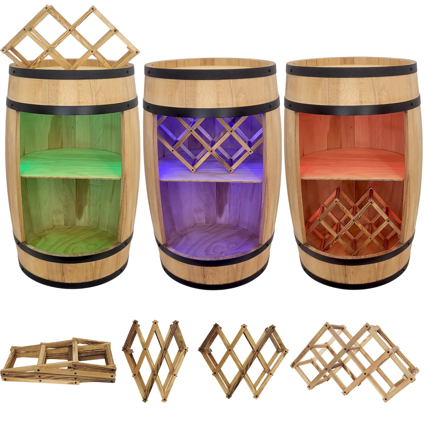 weeco Wooden Barrel with Wine Holder RGB LED Lighting - Wine Rack - Rustic Decorative Bar Cabinet Wine Stand - Draught Beer, Whisky Bar Bottle Stand. Home Bar Gift for Men (Dark Brown)