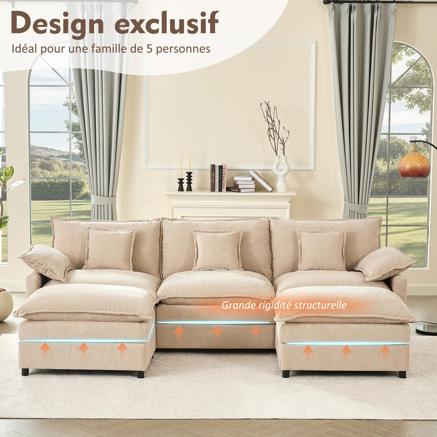 Litbird U-förmiges modulares Sofa 3-Sitzer Ecksofa mit Hocker, tiefes Sitzdesign, Cloud Couch für Wohnzimmer(Hellbraun)