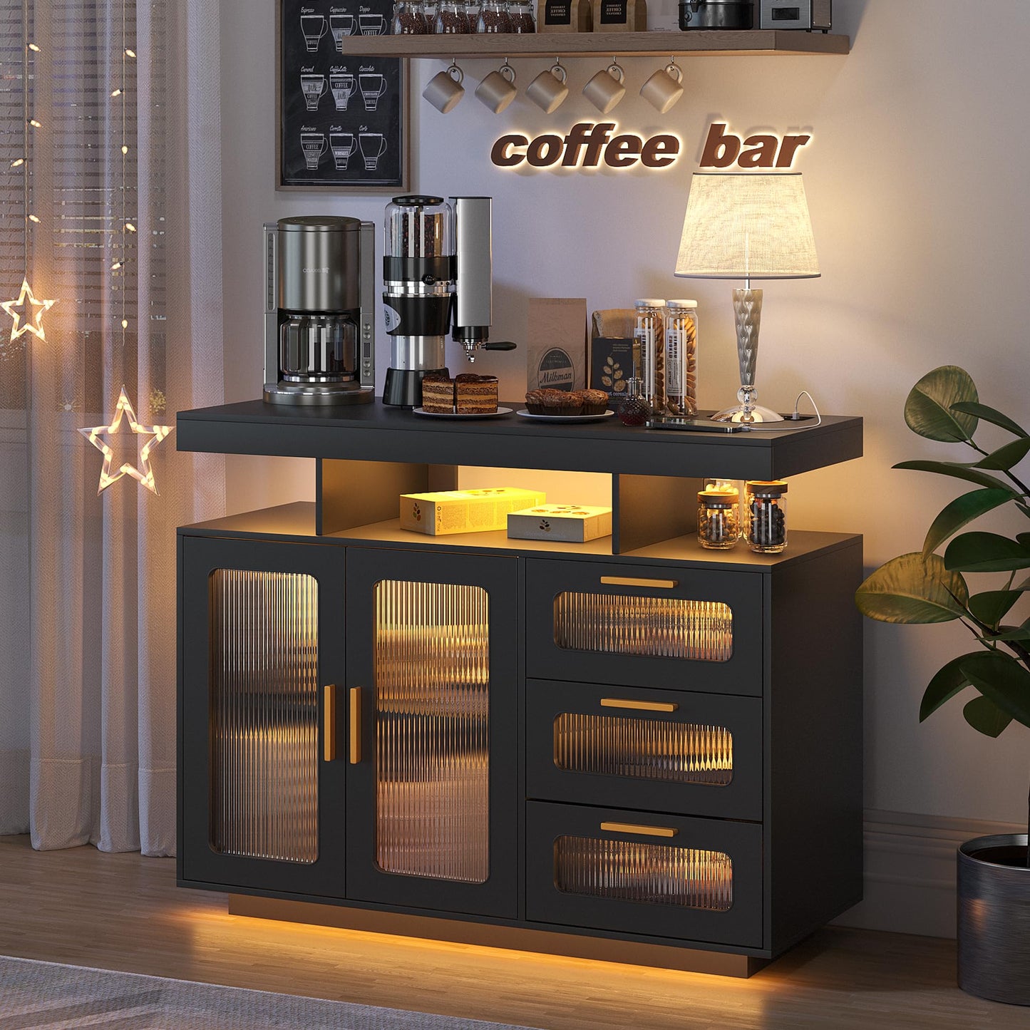 FREDEES RGB Kitchen Cabinet with Charging Station & LED Lighting, Sideboard Buffet Cabinet with Storage Space for Kitchen and Dining Room, Grey