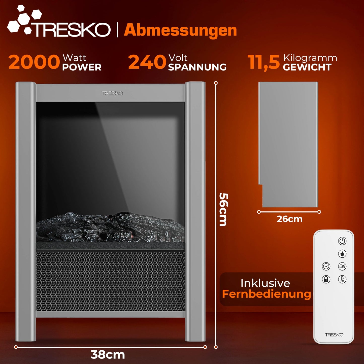 TRESKO Electric Fireplace with Heater & Remote Control 2000 W, WiFi App, Electric LED Flame Effect & LCD Display, Fireplace with Thermostat, Timer, Electric Fireplace, Standing Fireplace, Fan Heater
