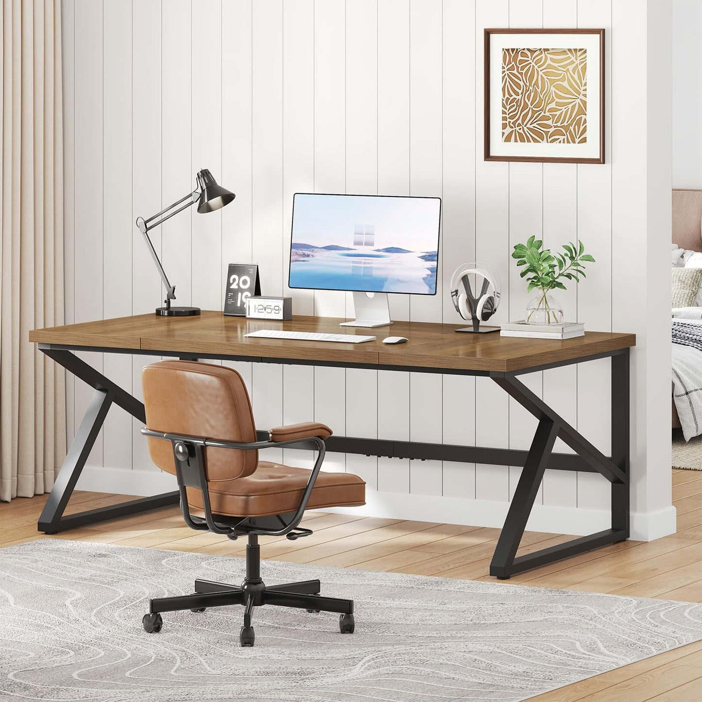 IBF Desk in Brown Colour with a Length of 70 Inches, Industrial Large Double Metal and Wood Desk for Computer, Long Office Table for Home