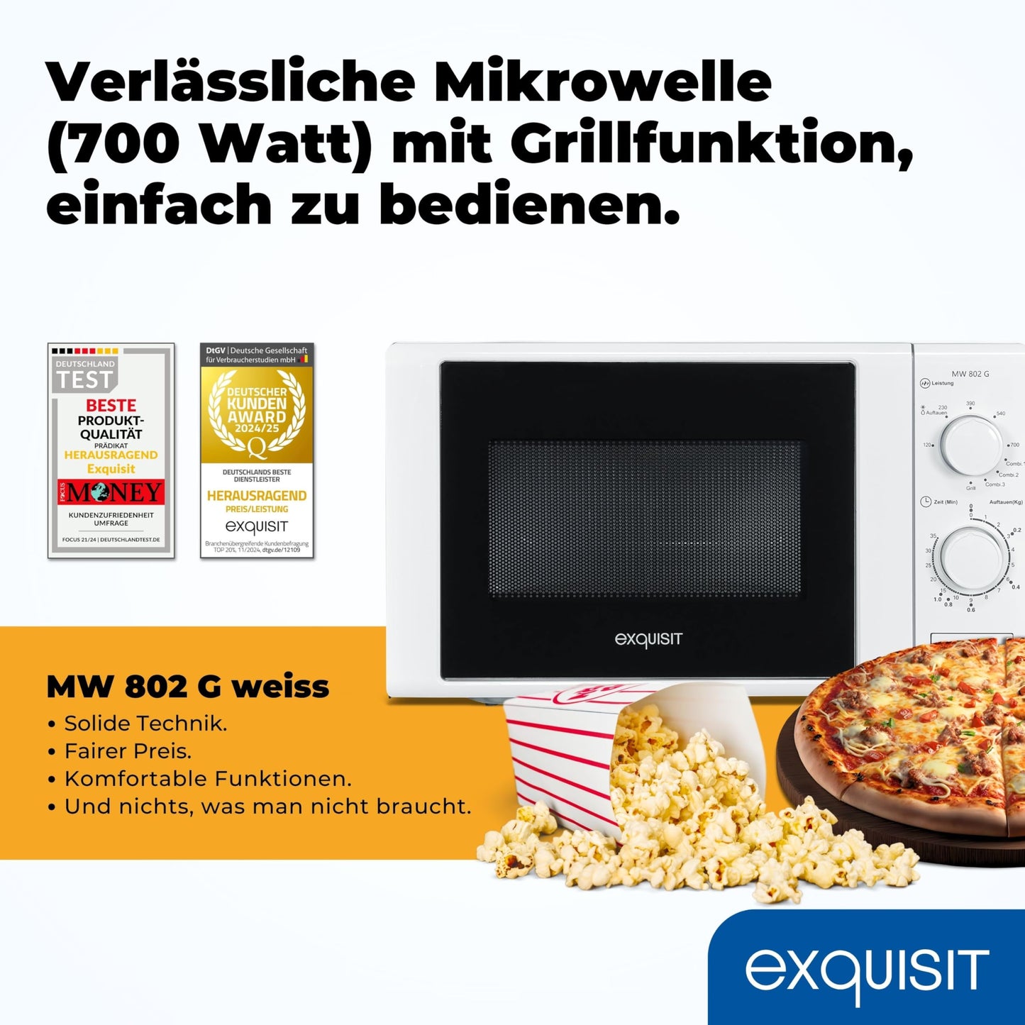 Exquisit Microwave MW 802 G, 700 W Power, 1000 W Grill, 20 L Cooking Space, Compact Microwave With Grill Function, Space-Saving, Incl. Timer, White