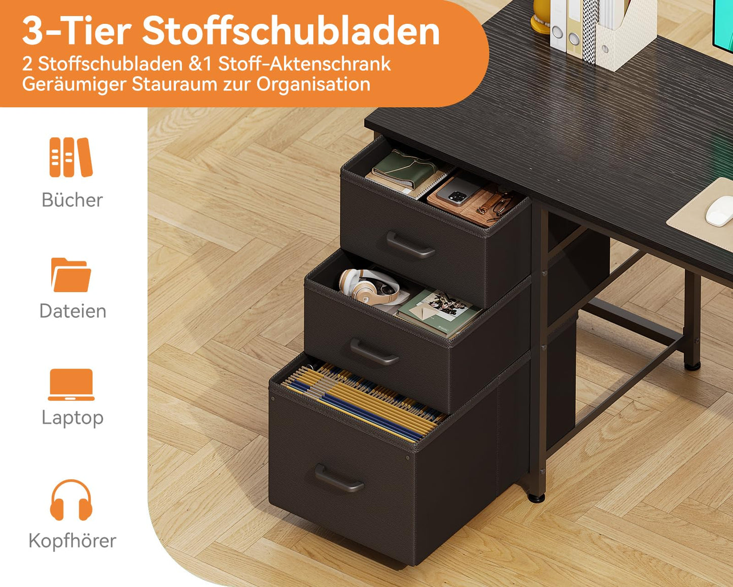 Coleshome Fabric Desk with 3 Drawers, 130 x 48 cm Computer Desk with 2 Sockets and 2 USB Charging Ports, PC Table with Shelf, Reversible Office Table for Office, Living Room, White