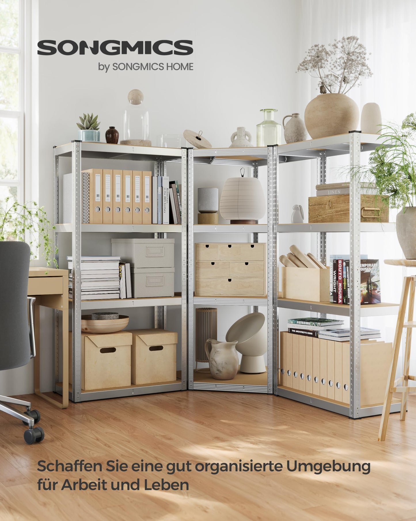 SONGMICS Corner Shelving Set, 5 Levels, Heavy Duty Shelf, Metal, Storage Shelving for Garage, Storage Room, Basement Shelf, Holds up to 2625 kg, Silver/Natural Beige, GLR070E03