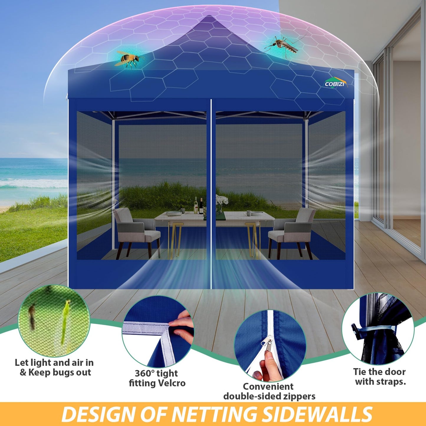 COBIZI Pavillon 3x3 Faltpavillon 3x3 Wasserdicht Stabil, Partyzelt Gartenpavillon UV-Schutz mit 4 Seitenwänden aus Mesh, Schwarz