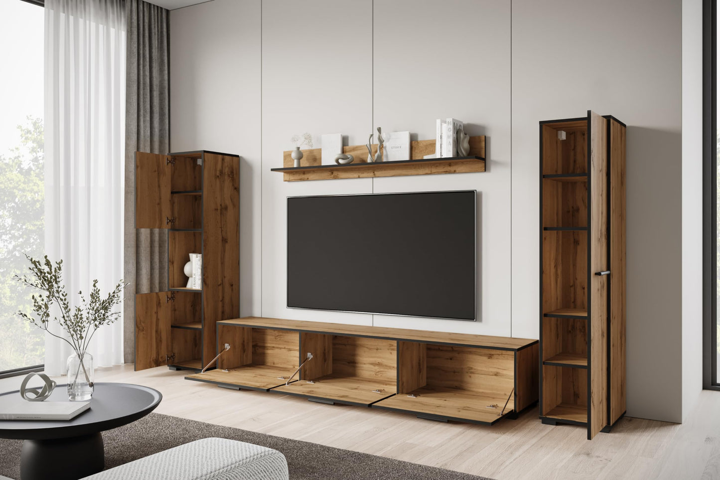 MINIO go for it - Living Room Wall Unit 4-Piece Toga, Living Room Furniture Set, 1 x TV Lowboard, 2 x Tall Cabinet, 1 x Wall Board, Living Room Furniture Complete, Living Room Set - Colour Wotan Oak