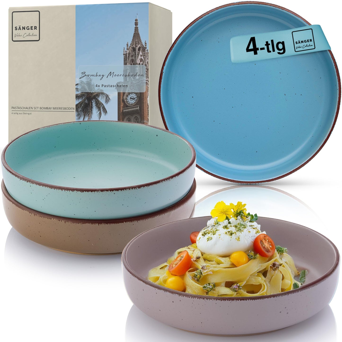 SÄNGER Bombay Seabed Crockery Service 20 Pieces, Stoneware Crockery for 4 People, 4 x Dinner Plates, 4 x Dessert Plates, 4 x Bowls, 4 x Pasta Plates, 4 x Coffee Mugs, Plate Set Colourful Value