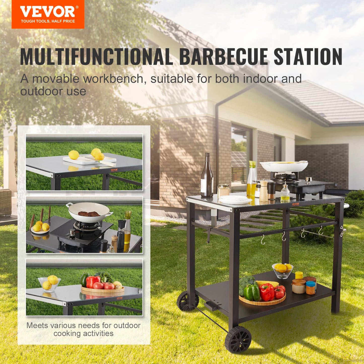 VEVOR Serving Trolley, Kitchen Trolley, 100 x 64 x 83.5 cm, Outdoor Barbecue Dining Trolley with Double Shelf, Movable Grill Table for Preparing Food, Multifunctional Iron Table Top, Black