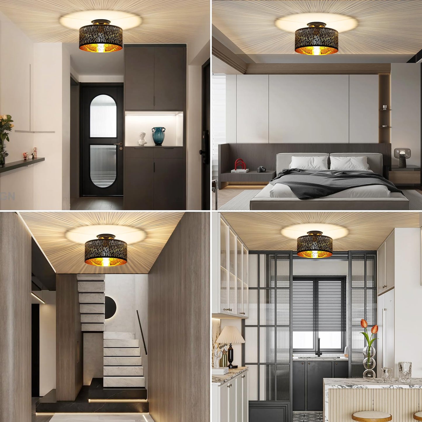 FRIDEKO HOME Moderne Deckenlampe Schwarz,Durchbrochener Rund Ø30cm Deckenleuchte E27 One Flammige Stoff Lampenschirm Lampe für Schlafzimmer Wohnzimmer Küche Flur