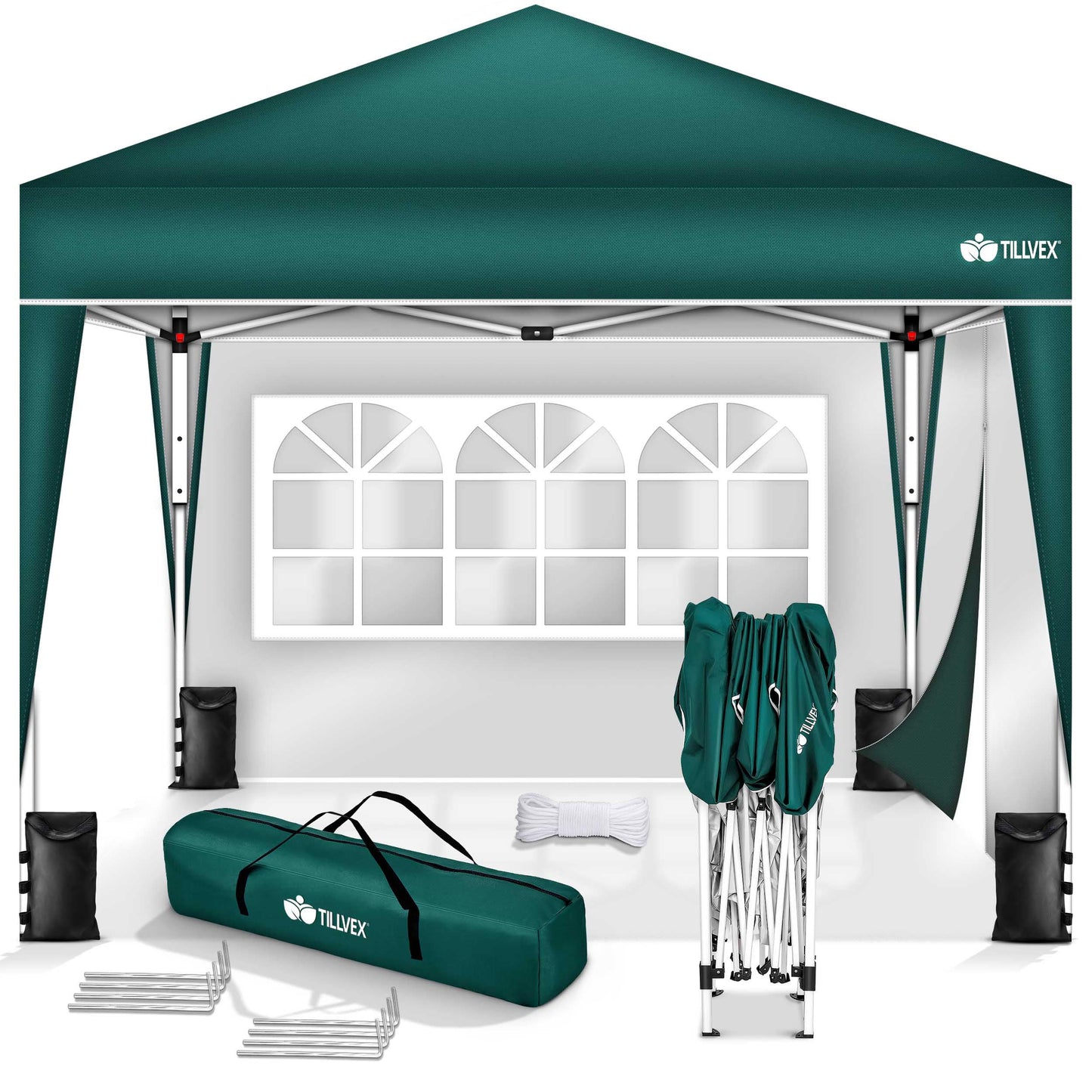 tillvex Gazebo 3 x 3 m Waterproof with 4 Side Panels + Set of 4 Sandbags Pop-Up Folding Gazebo Stable & Height Adjustable Garden Tent UV Protection 50+ Party Tent with Bag for Garden, Grey
