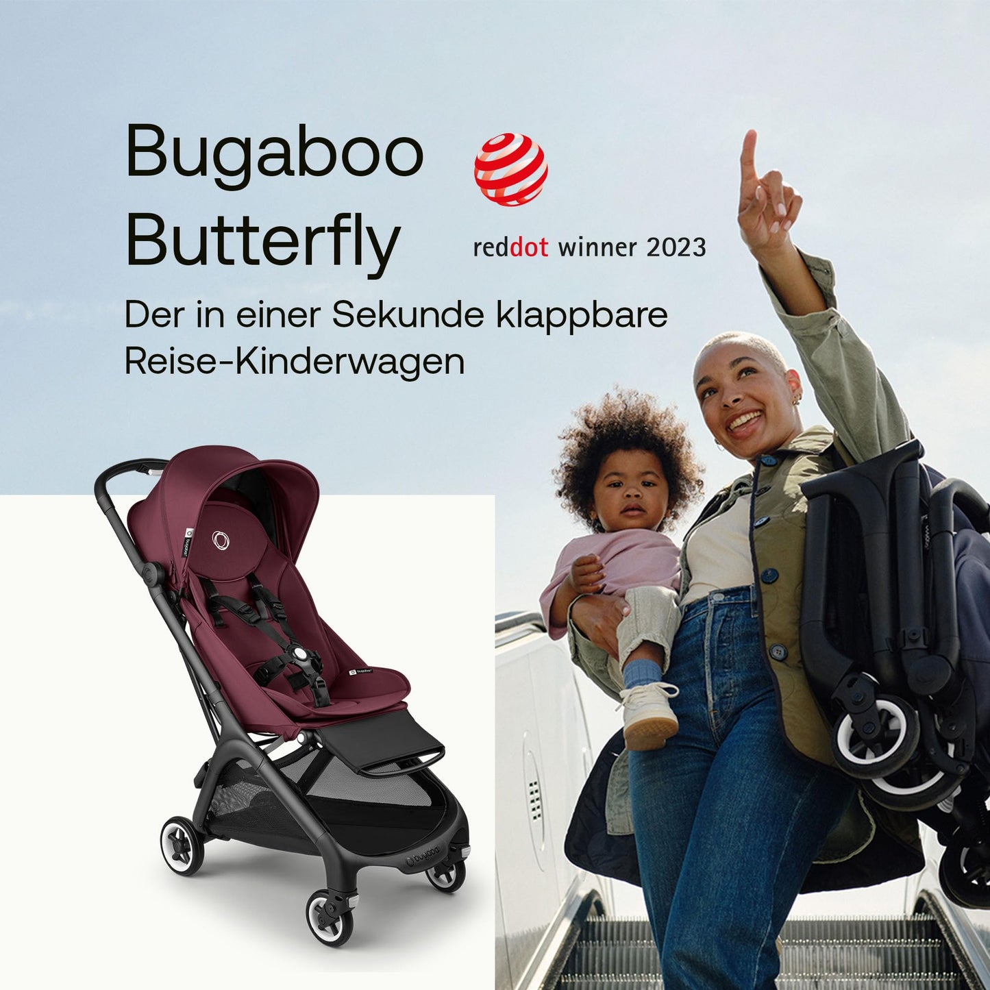 Bugaboo Butterfly Ultra Compact Travel Stroller, Small & Lightweight, One-Handed Foldable and Easy to Steer, Ergonomic City Pram for Babies from 6 Months, with Large Storage Space, Dark Cherry