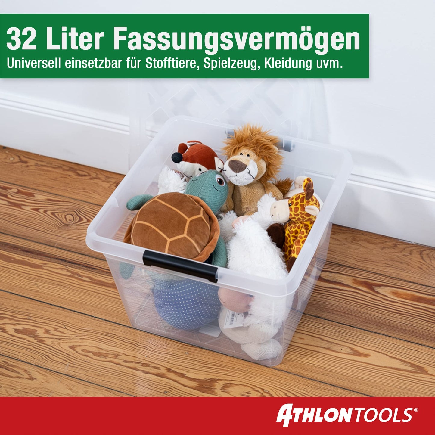 ATHLON TOOLS 4 x 60 L Storage Boxes with Lid, Food-Safe, Locking Clips, 100% New Material Plastic Box, Transparent, Clothes Boxes, Stackable