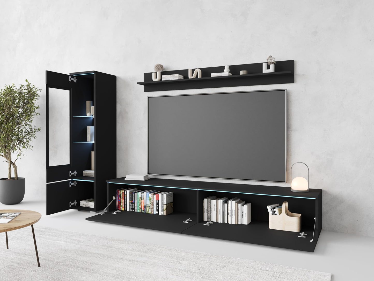 MINIO go for it Veve 2, 4-Piece Wall Unit Set, Hanging or Standing, 2 x Tall Cabinet Display Cabinets, Lowboard, Wall Board, Laminated Clamping Plate, Wotan Oak and Black Gloss, without Lighting