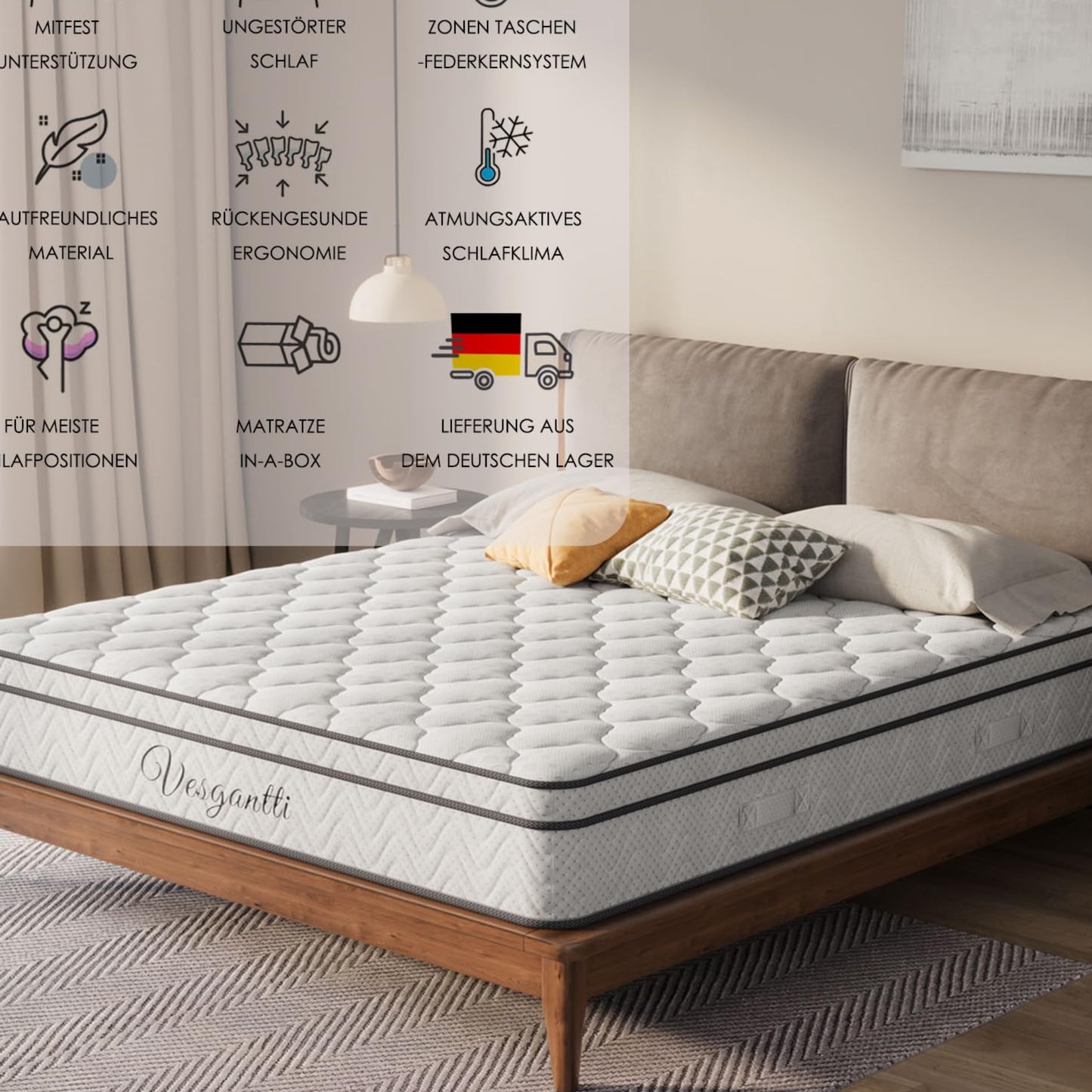 Vesgantti Matratze 180x200 höhe 22cm H3 7-Zonen Taschenfederkernmatratze Mittelfeste Orthopädischem Kaltschaummatratze Öko-Tex Zertifiziert Matratzen Klassik BoxTop