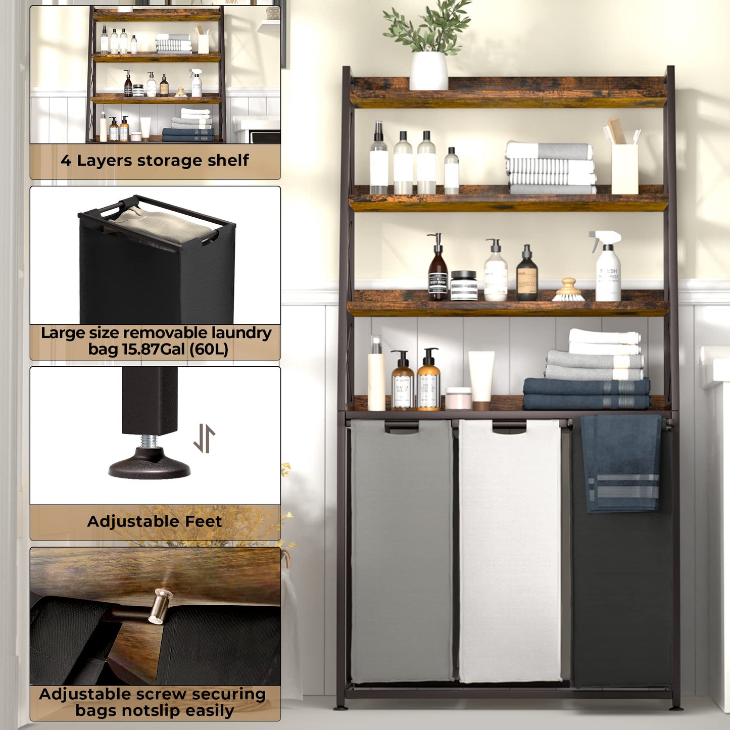 Herture Laundry Basket 3 Compartments Laundry Hamper with 4 Shelves Laundry Basket Removable Laundry Bags Large 3 x 60L for Laundry Room Bathroom Ink Black Vintage Brown PF05XLN