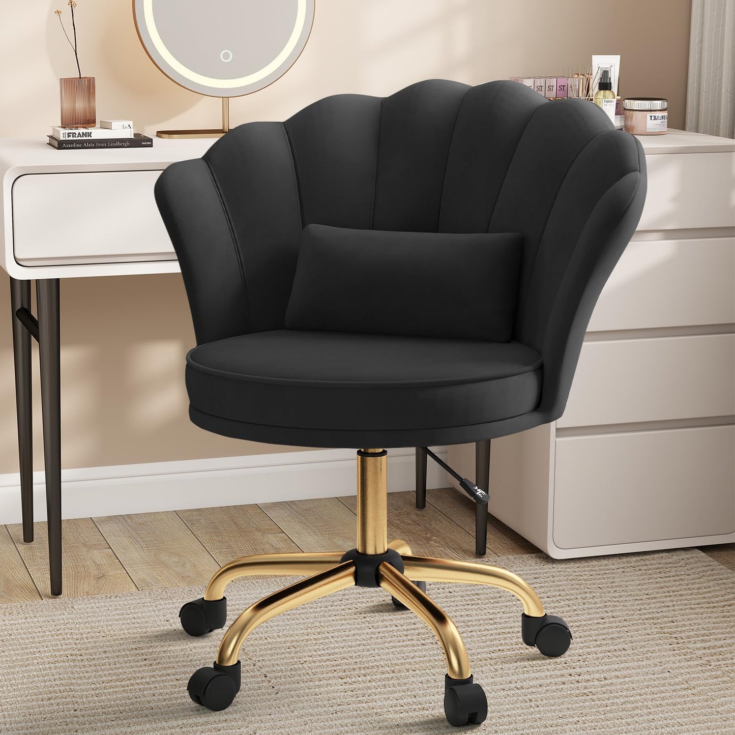 Home Office Chair, Dressing Chair, Velvet Chair, Petal Backrest, 360° Rotatable, Height-Adjustable, Ergonomic Office Chair, for Study, Bedroom, Maximum Load 120 kg, Beige