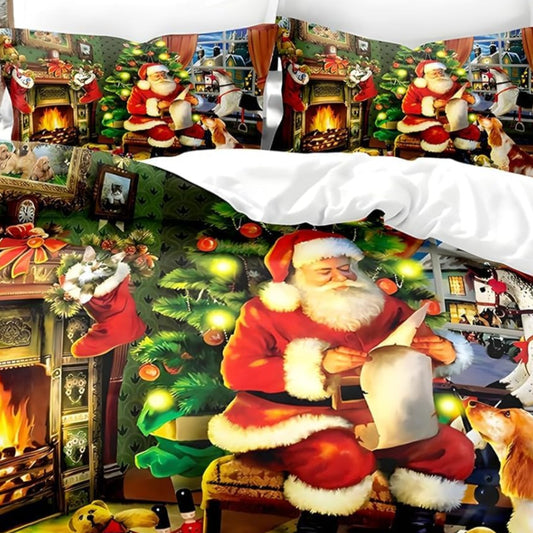 UGZDEA Christmas Bed Linen Set 200 x 200 cm, 3D Christmas Bedding Set with 2 Pillowcases, Santa, Christmas Tree, Deer, Christmas Gift for Teenagers (I, 200 x 200 cm)