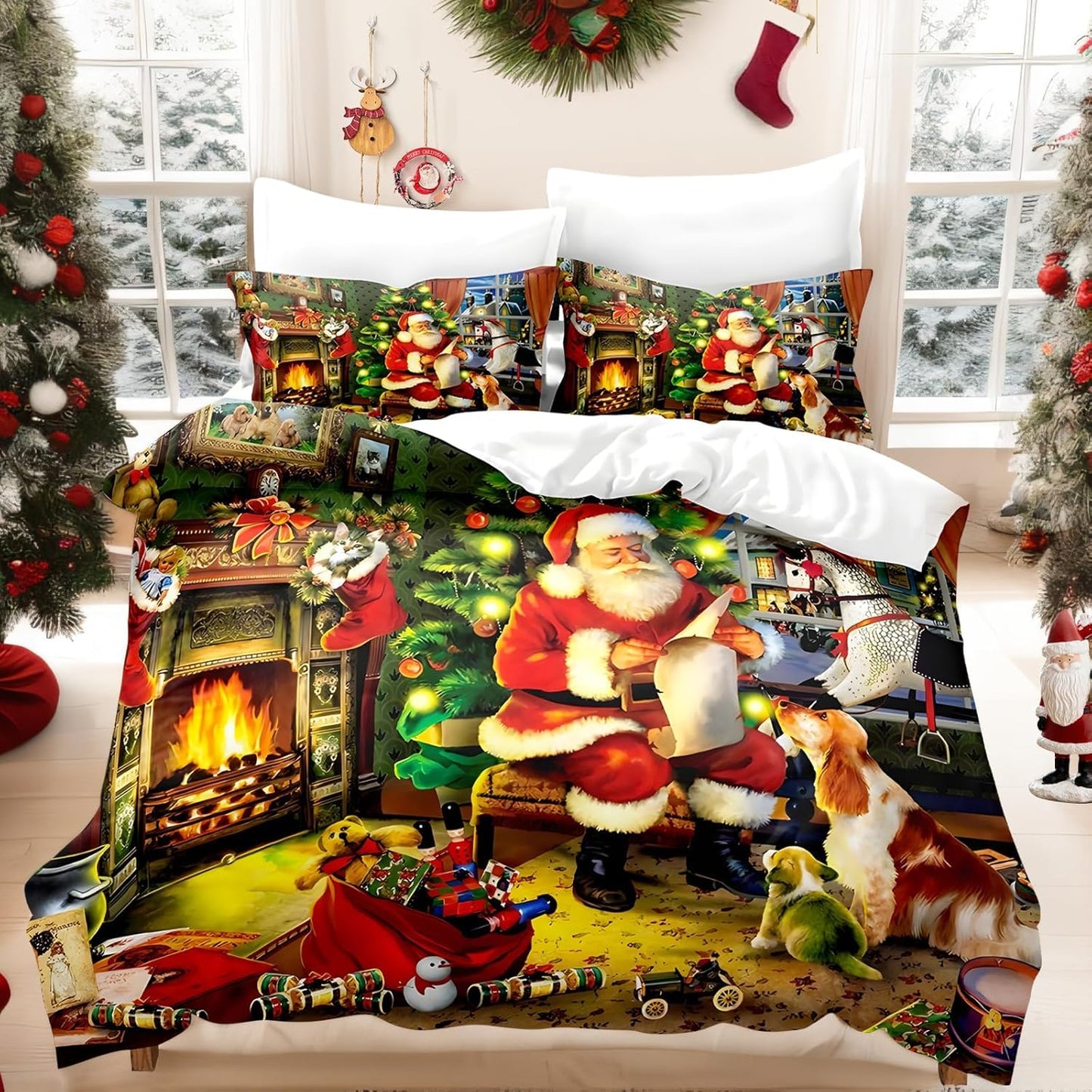 UGZDEA Christmas Bed Linen Set 200 x 200 cm, 3D Christmas Bedding Set with 2 Pillowcases, Santa, Christmas Tree, Deer, Christmas Gift for Teenagers (I, 200 x 200 cm)