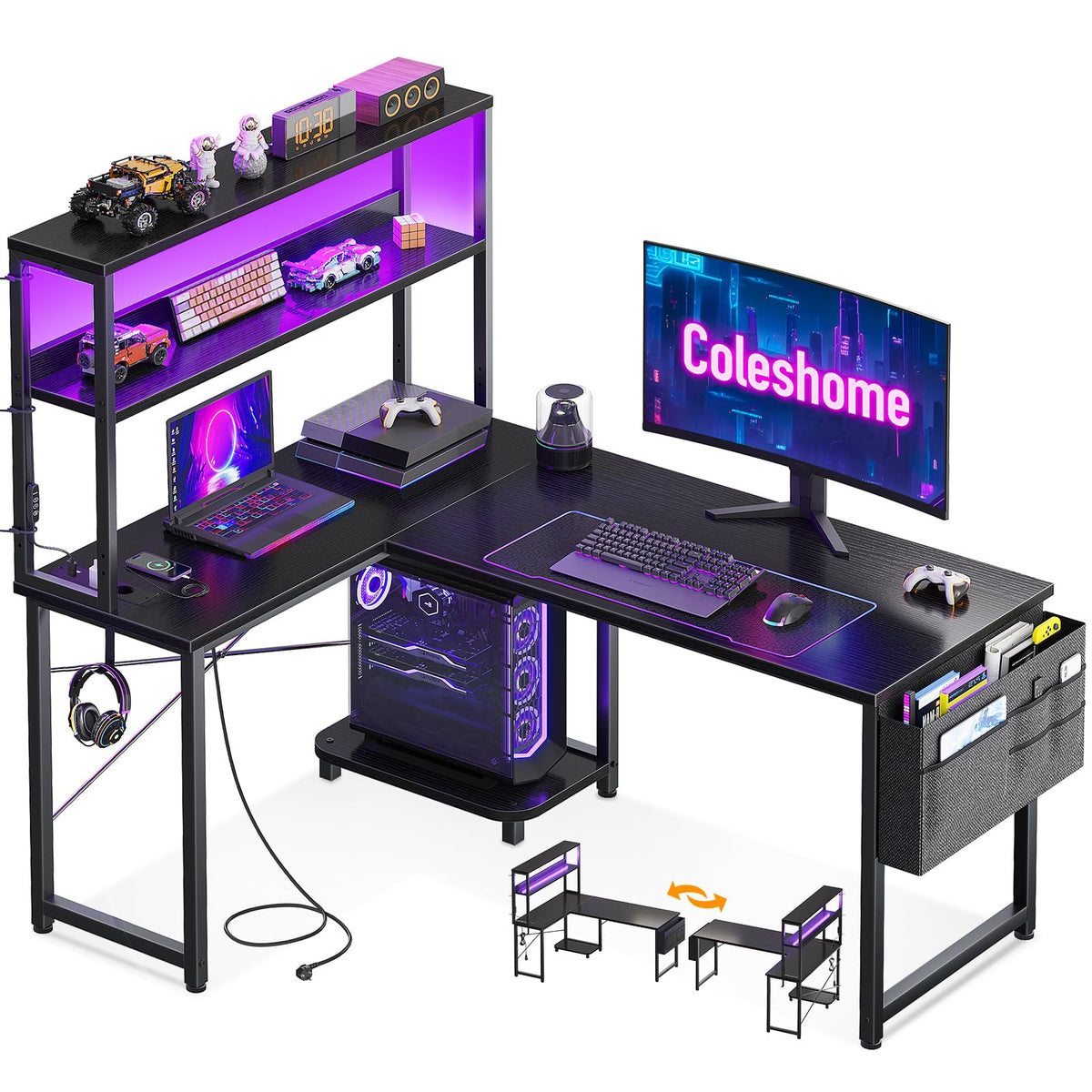 Coleshome Gaming Table L Shape with LED & Sockets, 135 × 100 cm Reversible Gaming Desk with Storage Shelves, Corner Desk with Storage Bag for Home Office and Gaming, Black